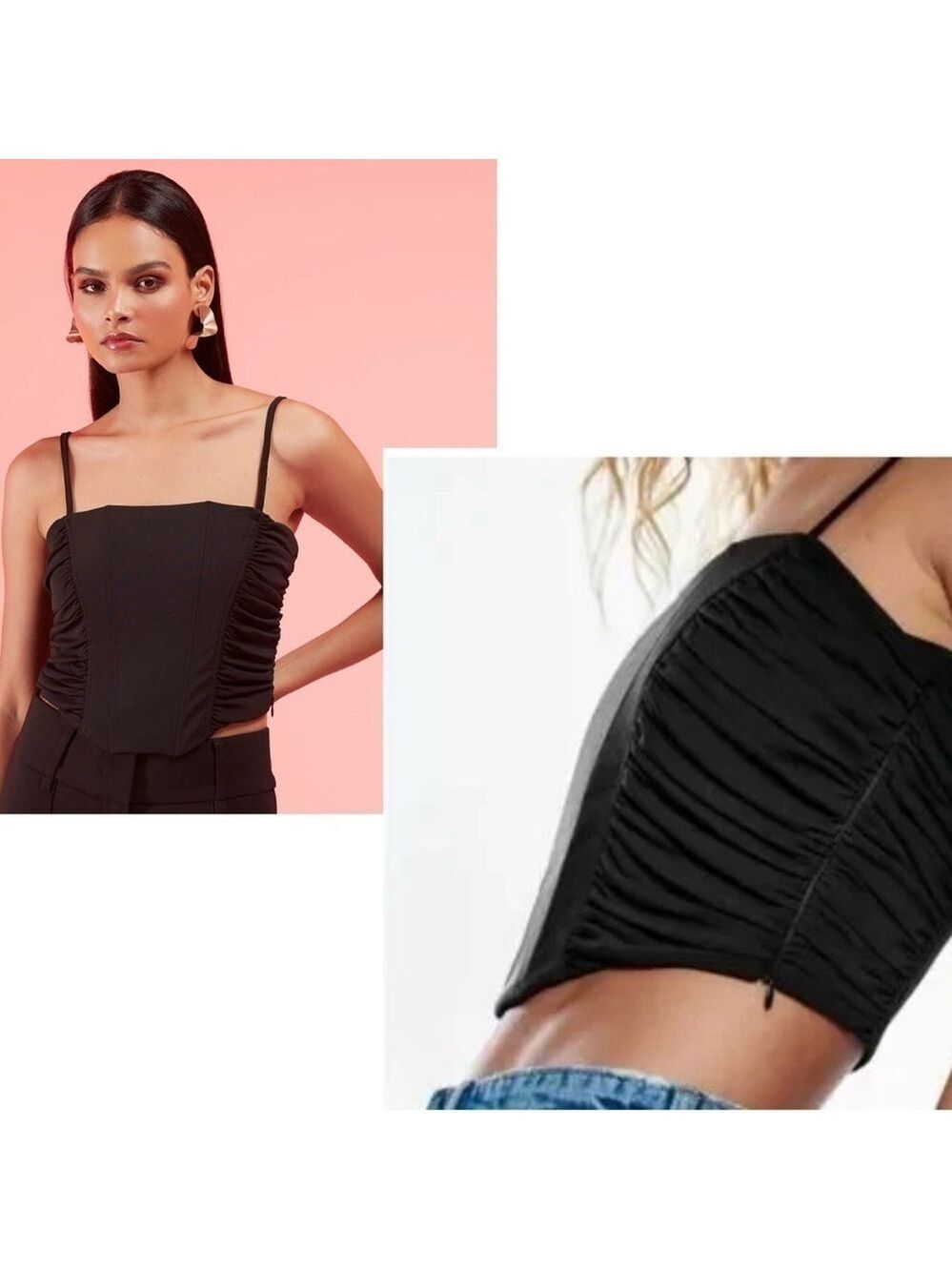 Zara black ruched corset bustier crop top spaghetti straps Sz S - Picture 4 of 13